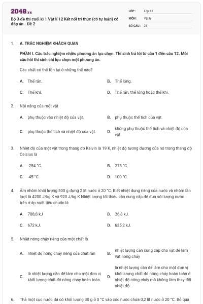 Bộ 3 đề thi cuối kì 1 Vật lí 12 Kết nối tri thức (có tự luận) có đáp án - Đề 2