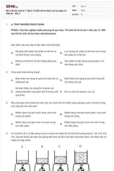 Bộ 3 đề thi cuối kì 1 Vật lí 12 Kết nối tri thức (có tự luận) có đáp án - Đề 3