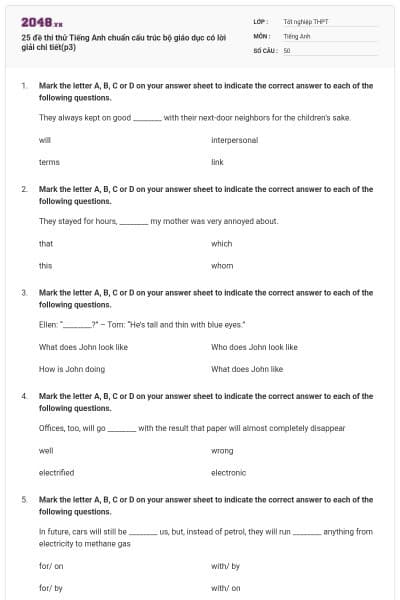 25 đề thi thử Tiếng Anh chuẩn cấu trúc bộ giáo dục có lời giải chi tiết(p3)