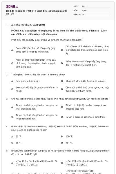 Bộ 3 đề thi cuối kì 1 Vật lí 12 Cánh diều (có tự luận) có đáp án - Đề 1