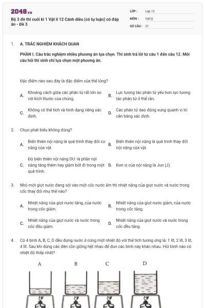 Bộ 3 đề thi cuối kì 1 Vật lí 12 Cánh diều (có tự luận) có đáp án - Đề 3