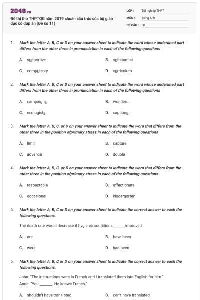 Đề thi thử THPTQG năm 2019 chuẩn cấu trúc của bộ giáo dục có đáp án (Đề số 11)