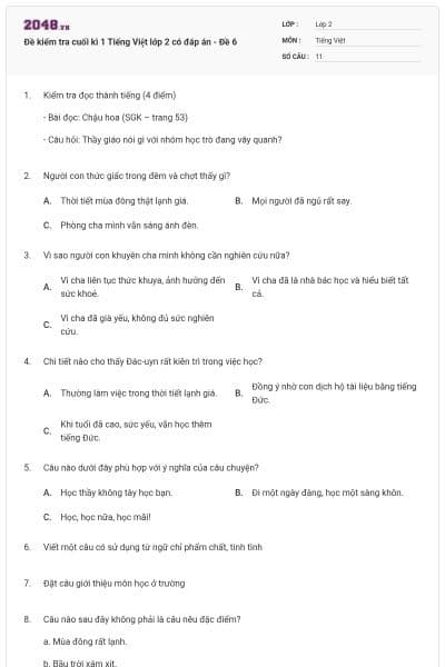 Đề kiểm tra cuối kì 1 Tiếng Việt lớp 2 có đáp án - Đề 6