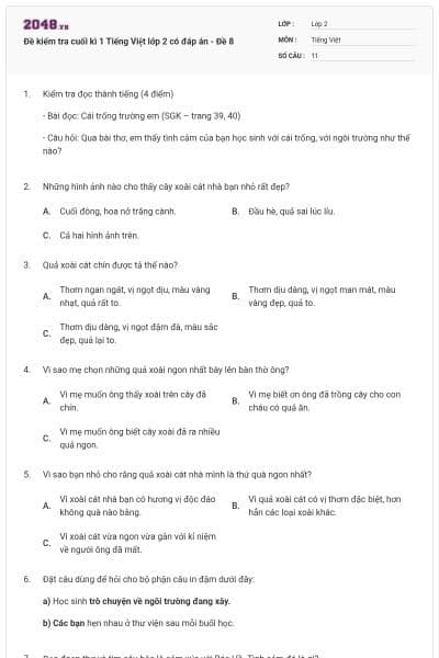 Đề kiểm tra cuối kì 1 Tiếng Việt lớp 2 có đáp án - Đề 8