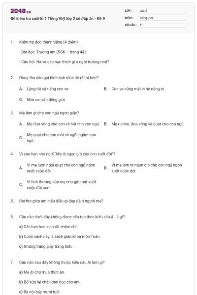 Đề kiểm tra cuối kì 1 Tiếng Việt lớp 2 có đáp án - Đề 9