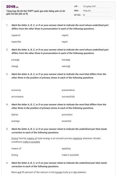Tổng hợp đề thi thử THPT quốc gia môn tiếng anh có lời giải chi tiết (Đề số 9)