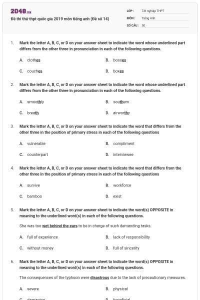 Đề thi thử thpt quốc gia 2019 môn tiếng anh (Đề số 14)