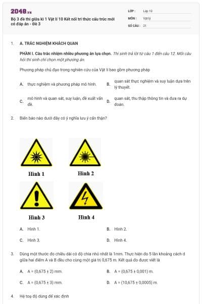 Bộ 3 đề thi giữa kì 1 Vật lí 10 Kết nối tri thức cấu trúc mới có đáp án - Đề 3