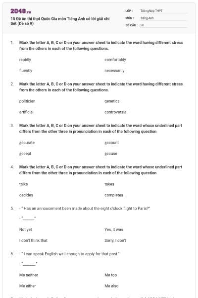 15 Đề ôn thi thpt Quốc Gia môn Tiếng Anh có lời giải chi tiết (Đề số 9)