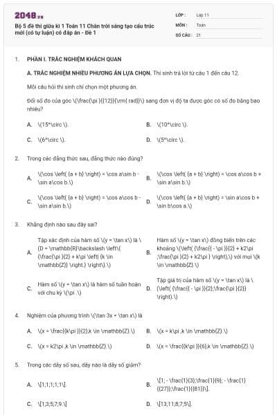 Bộ 5 đề thi giữa kì 1 Toán 11 Chân trời sáng tạo cấu trúc mới (có tự luận) có đáp án - Đề 1