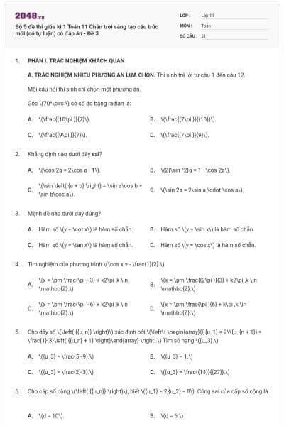 Bộ 5 đề thi giữa kì 1 Toán 11 Chân trời sáng tạo cấu trúc mới (có tự luận) có đáp án - Đề 3