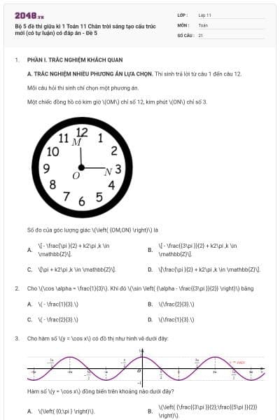 Bộ 5 đề thi giữa kì 1 Toán 11 Chân trời sáng tạo cấu trúc mới (có tự luận) có đáp án - Đề 5