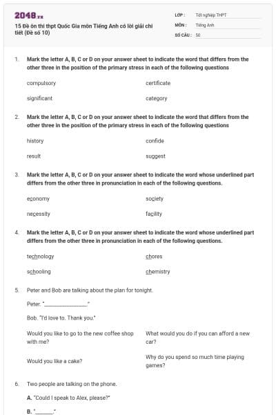 15 Đề ôn thi thpt Quốc Gia môn Tiếng Anh có lời giải chi tiết (Đề số 10)