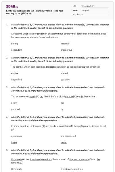 Kỳ thi thử thpt quốc gia lần 1 năm 2019 môn Tiếng Anh cực hay có lời giải(Đề 19)