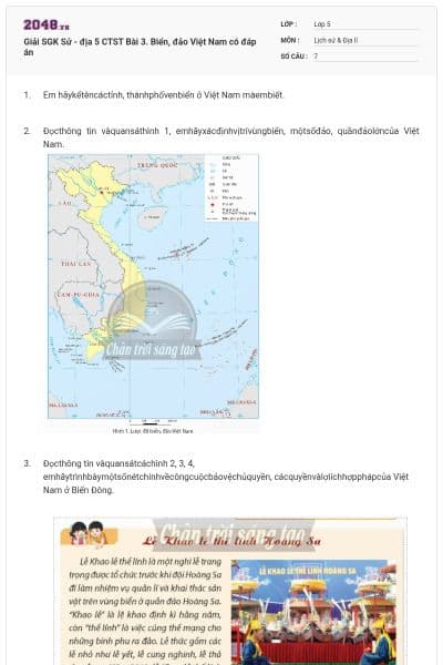 Giải SGK Sử - địa 5 CTST Bài 3. Biển, đảo Việt Nam có đáp án
