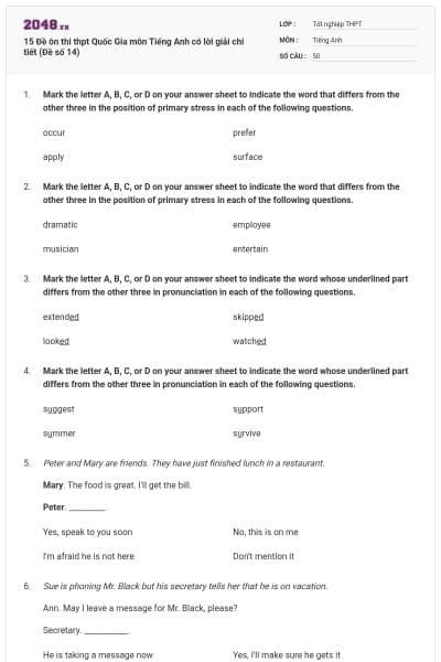 15 Đề ôn thi thpt Quốc Gia môn Tiếng Anh có lời giải chi tiết (Đề số 14)