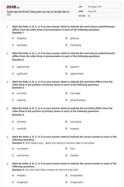 Tuyển tập đề thi thử Tiếng Anh cực hay có lời giải (Đề số 17)