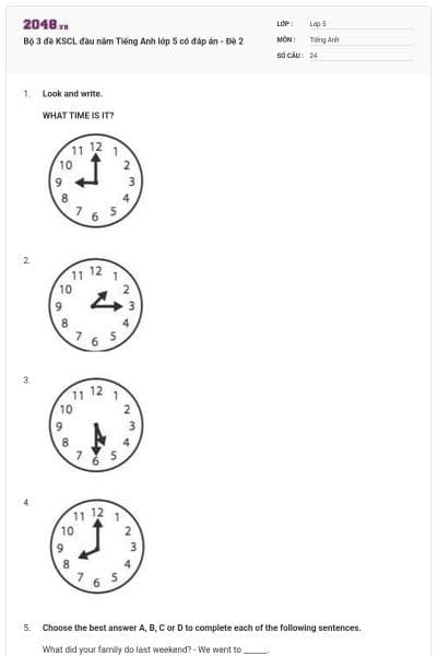 Bộ 3 đề KSCL đầu năm Tiếng Anh lớp 5 có đáp án - Đề 2