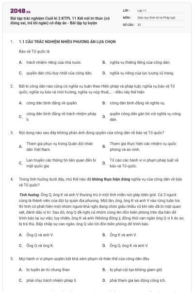 Bài tập trắc nghiệm Cuối kì 2 KTPL 11 Kết nối tri thức (có đúng sai, trả lời ngắn) có đáp án - Bài tập tự luyện