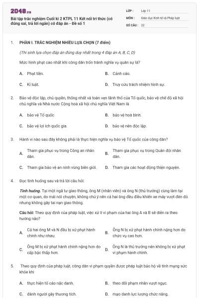 Bài tập trắc nghiệm Cuối kì 2 KTPL 11 Kết nối tri thức (có đúng sai, trả lời ngắn) có đáp án - Đề số 1