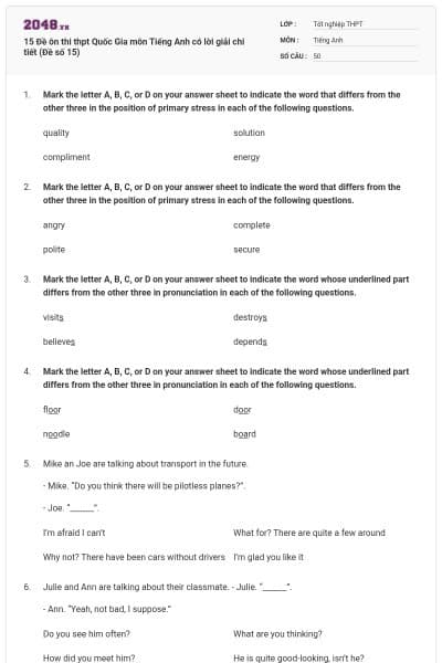 15 Đề ôn thi thpt Quốc Gia môn Tiếng Anh có lời giải chi tiết (Đề số 15)
