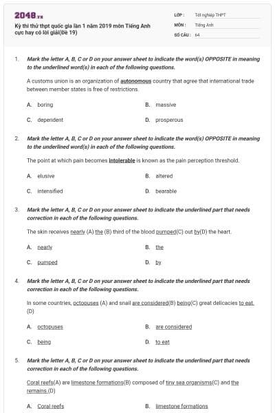 Kỳ thi thử thpt quốc gia lần 1 năm 2019 môn Tiếng Anh cực hay có lời giải(Đề 19)