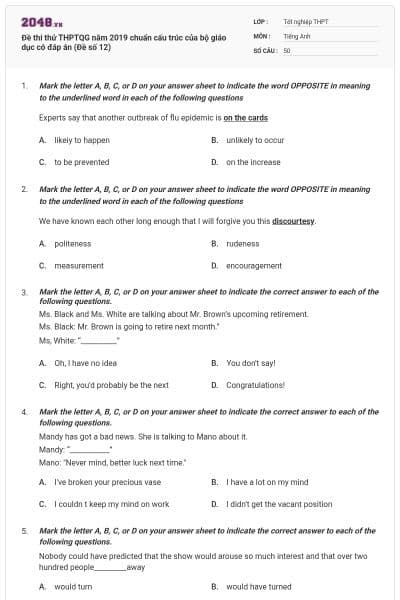 Đề thi thử THPTQG năm 2019 chuẩn cấu trúc của bộ giáo dục có đáp án (Đề số 12)