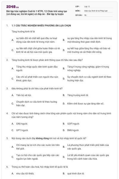 Bài tập trắc nghiệm Cuối kì 1 KTPL 12 Chân trời sáng tạo (có đúng sai, trả lời ngắn) có đáp án - Bài tập tự luyện