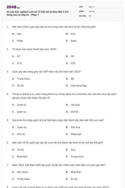 66 câu trắc nghiệm Lịch sử 12 Kết nối tri thức Bài 3 (Có đúng sai) có đáp án - Phần 1