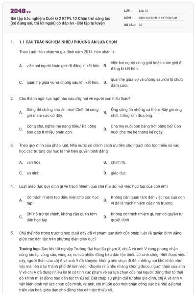 Bài tập trắc nghiệm Cuối kì 2 KTPL 12 Chân trời sáng tạo (có đúng sai, trả lời ngắn) có đáp án - Bài tập tự luyện