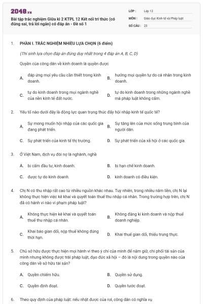 Bài tập trắc nghiệm Giữa kì 2 KTPL 12 Kết nối tri thức (có đúng sai, trả lời ngắn) có đáp án - Đề số 1