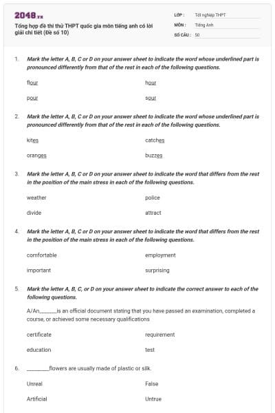 Tổng hợp đề thi thử THPT quốc gia môn tiếng anh có lời giải chi tiết (Đề số 10)