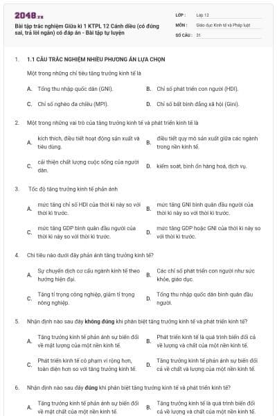 Bài tập trắc nghiệm Giữa kì 1 KTPL 12 Cánh diều (có đúng sai, trả lời ngắn) có đáp án - Bài tập tự luyện