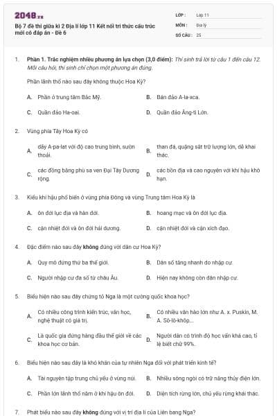 Bộ 7 đề thi giữa kì 2 Địa lí lớp 11 Kết nối tri thức cấu trúc mới có đáp án - Đề 6