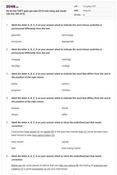 Đề thi thử THPT quốc gia năm 2019 môn tiếng anh chuẩn cấu trúc (Đề số 8)