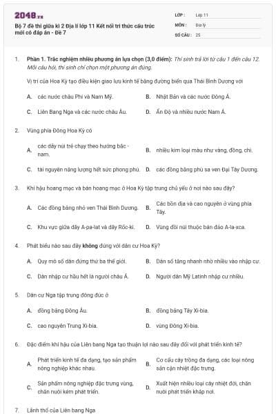 Bộ 7 đề thi giữa kì 2 Địa lí lớp 11 Kết nối tri thức cấu trúc mới có đáp án - Đề 7