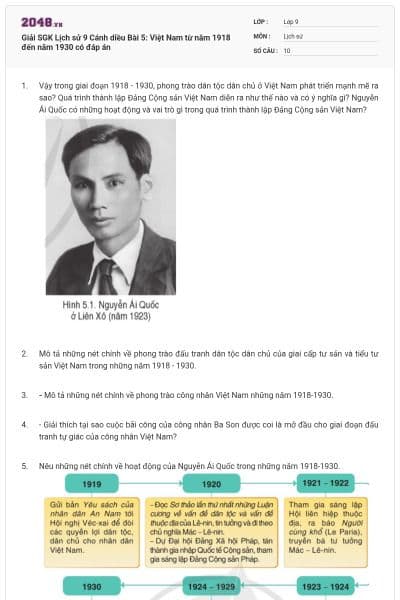 Giải SGK Lịch sử 9 Cánh diều Bài 5: Việt Nam từ năm 1918 đến năm 1930 có đáp án