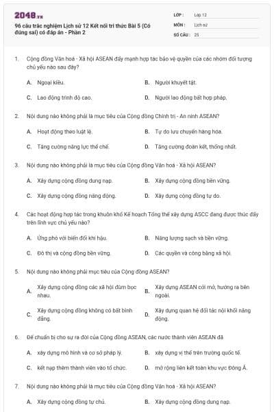 96 câu trắc nghiệm Lịch sử 12 Kết nối tri thức Bài 5 (Có đúng sai) có đáp án - Phần 2