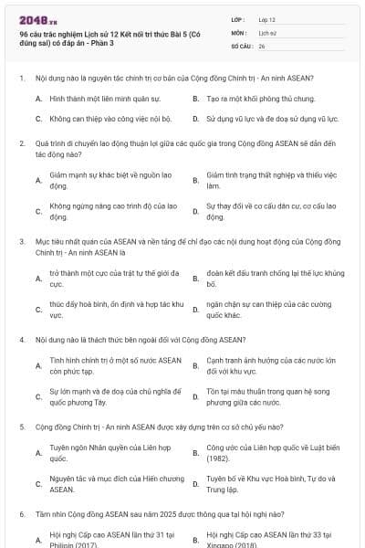 96 câu trắc nghiệm Lịch sử 12 Kết nối tri thức Bài 5 (Có đúng sai) có đáp án - Phần 3