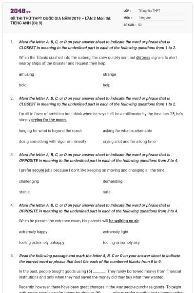 ĐỀ THI THỬ THPT QUỐC GIA NĂM 2019 – LẦN 2 Môn thi: TIẾNG ANH (Đề 9)