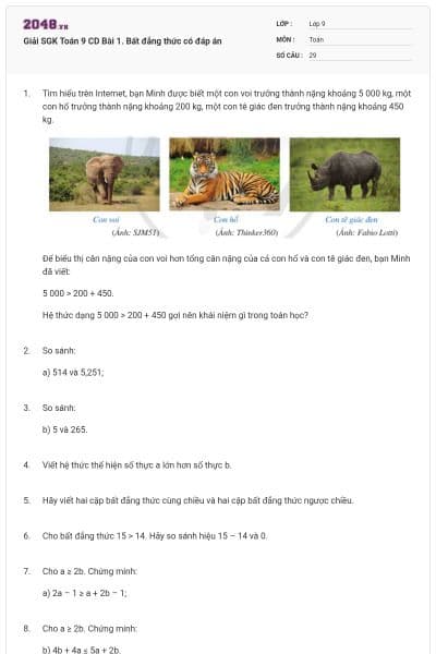 Giải SGK Toán 9 CD Bài 1. Bất đẳng thức có đáp án