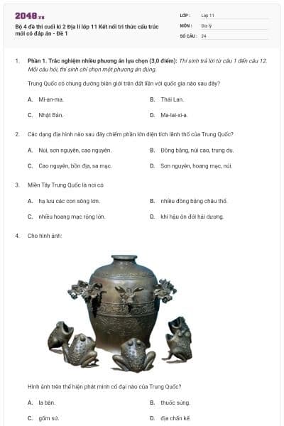 Bộ 4 đề thi cuối kì 2 Địa lí lớp 11 Kết nối tri thức cấu trúc mới có đáp án - Đề 1