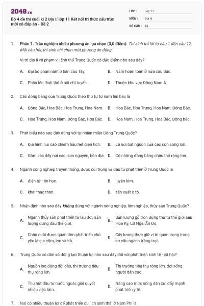 Bộ 4 đề thi cuối kì 2 Địa lí lớp 11 Kết nối tri thức cấu trúc mới có đáp án - Đề 2