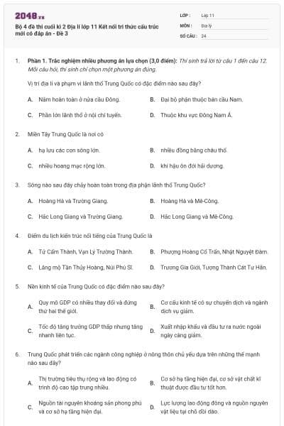 Bộ 4 đề thi cuối kì 2 Địa lí lớp 11 Kết nối tri thức cấu trúc mới có đáp án - Đề 3