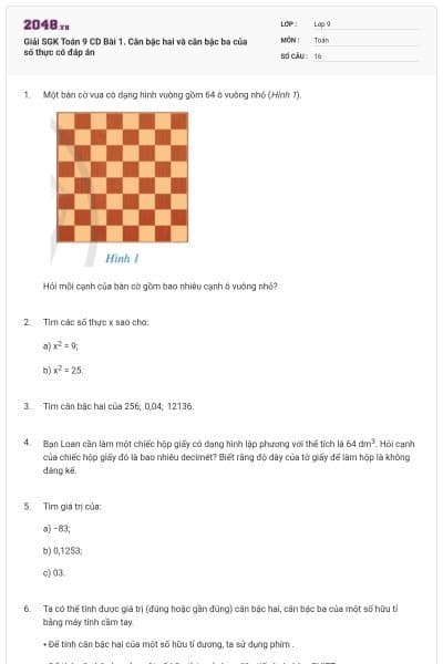 Giải SGK Toán 9 CD Bài 1. Căn bậc hai và căn bậc ba của số thực có đáp án