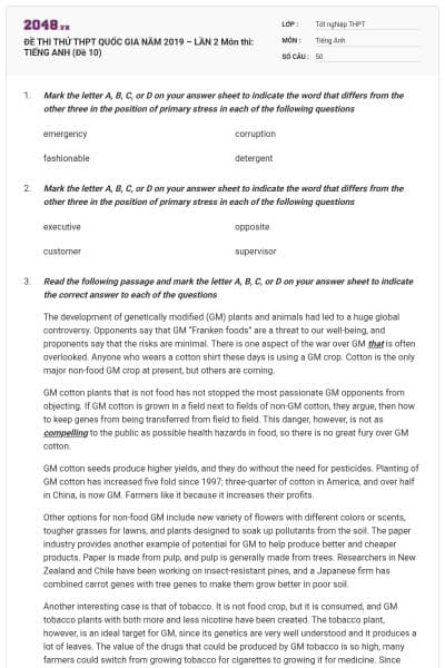 ĐỀ THI THỬ THPT QUỐC GIA NĂM 2019 – LẦN 2 Môn thi: TIẾNG ANH (Đề 10)