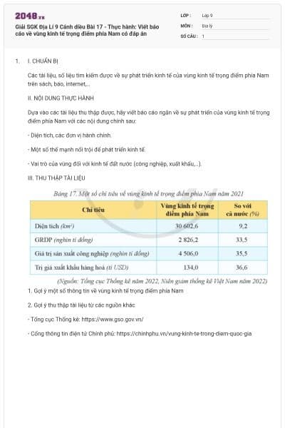 Giải SGK Địa Lí 9 Cánh diều Bài 17 - Thực hành: Viết báo cáo về vùng kinh tế trọng điểm phía Nam có đáp án