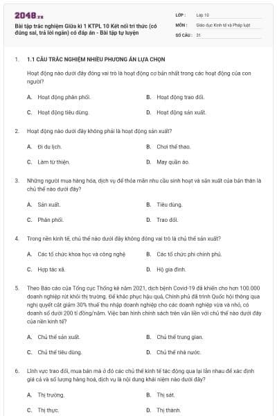 Bài tập trắc nghiệm Giữa kì 1 KTPL 10 Kết nối tri thức (có đúng sai, trả lời ngắn) có đáp án - Bài tập tự luyện