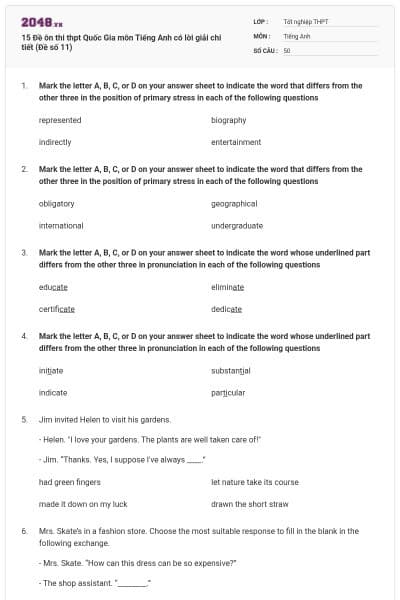 15 Đề ôn thi thpt Quốc Gia môn Tiếng Anh có lời giải chi tiết (Đề số 11)