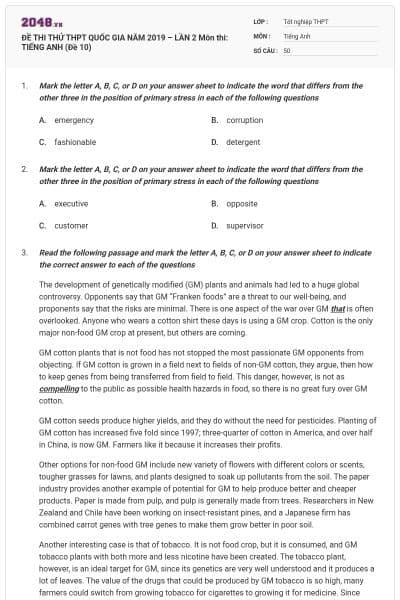 ĐỀ THI THỬ THPT QUỐC GIA NĂM 2019 – LẦN 2 Môn thi: TIẾNG ANH (Đề 10)